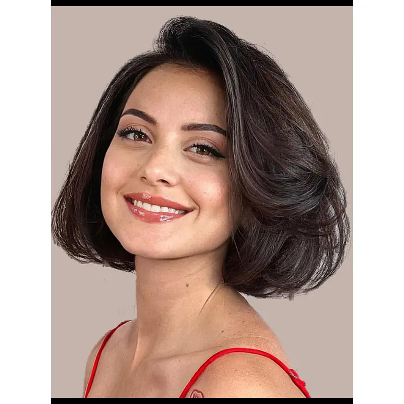 Black Bob Wig Chin Length 10" Wavy Monofilament Remy Human Hair Wigs