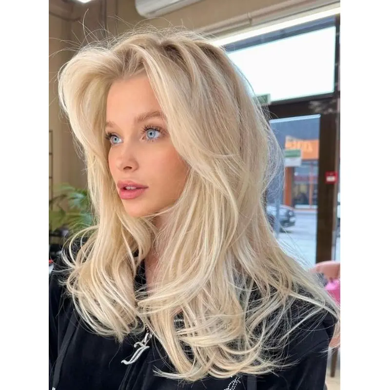 Front Lace Wigs 16" Layered Platinum Blonde Remy Human Hair Long Wigs