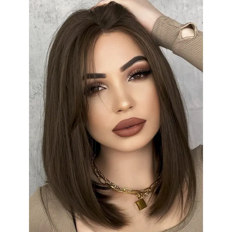 Human Hair Lace Wigs Brown Without Bangs 14" Shoulder Length Straight Wigs