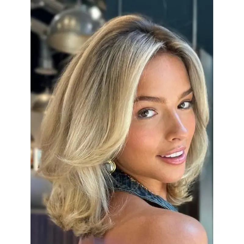 Human Hair Lace Wigs Platinum Blonde Layered 12" Shoulder Length Wavy Wigs
