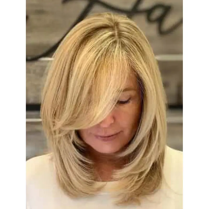 Lace Wigs With Bangs Shoulder Length 14" Blonde Remy Human Hair Wigs
