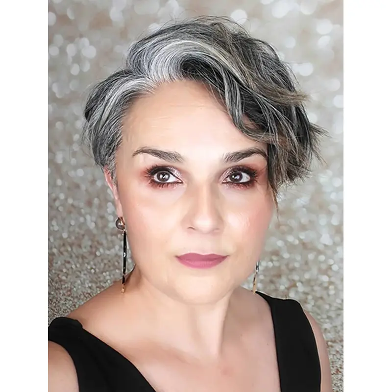 Layered 6" Wavy Short Grey Human Hair Lace Front Wigs