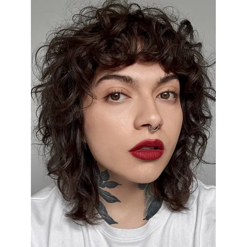 Mono Wig 12" Black Synthetic With Bangs Shoulder Length Curly Wigs