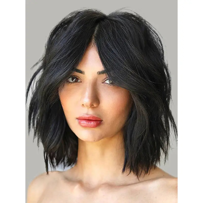Real Hair Wigs Medium Lace Front Layered Black 12" Straight Wigs