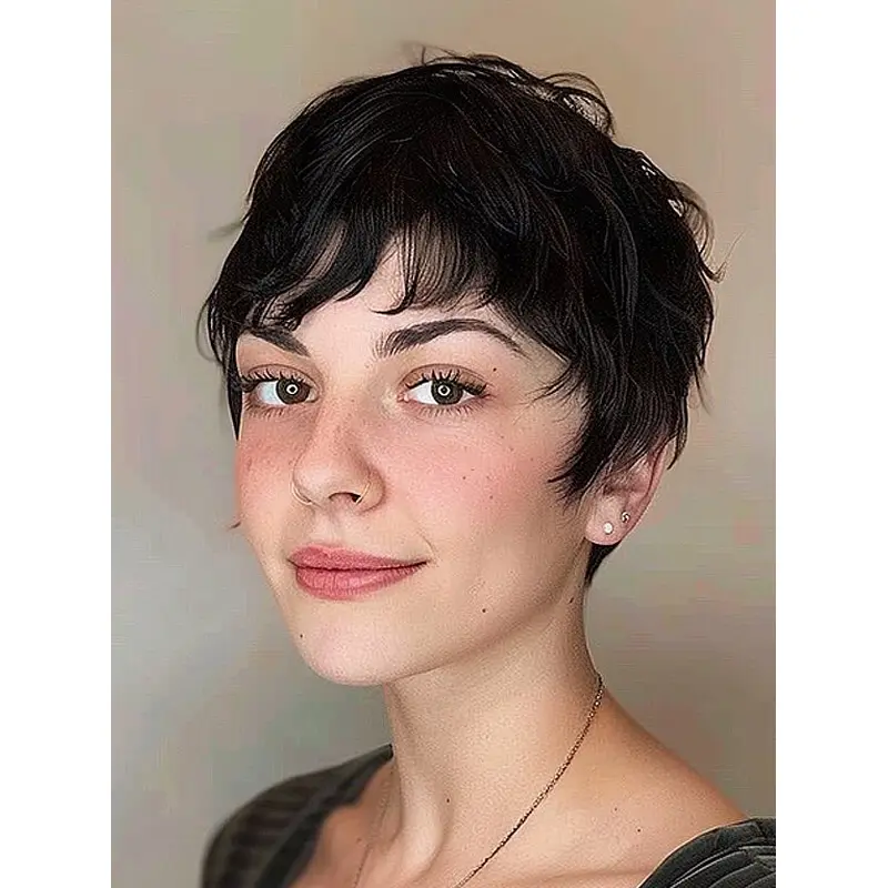 Short Black Wig Boycuts Synthetic 4" Cropped Wavy Lace Front Wigs