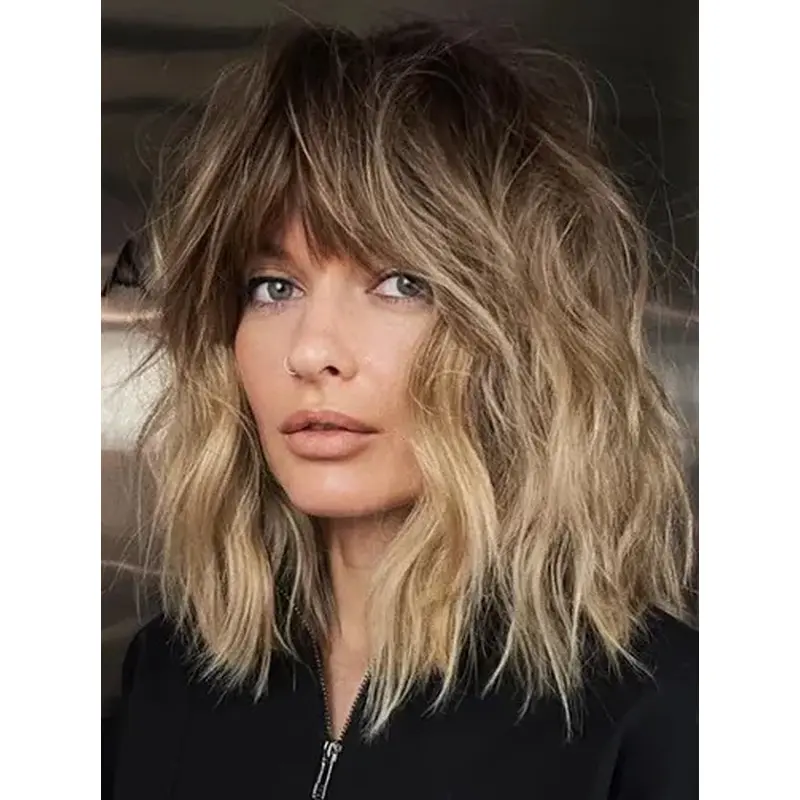 Women Wig Medium Shoulder Length Monofilament 12" Ombre/2 Tone With Bangs Wigs