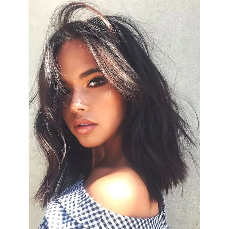 Human Hair Lace Wigs Brown Layered 14" Shoulder Length Straight Wigs