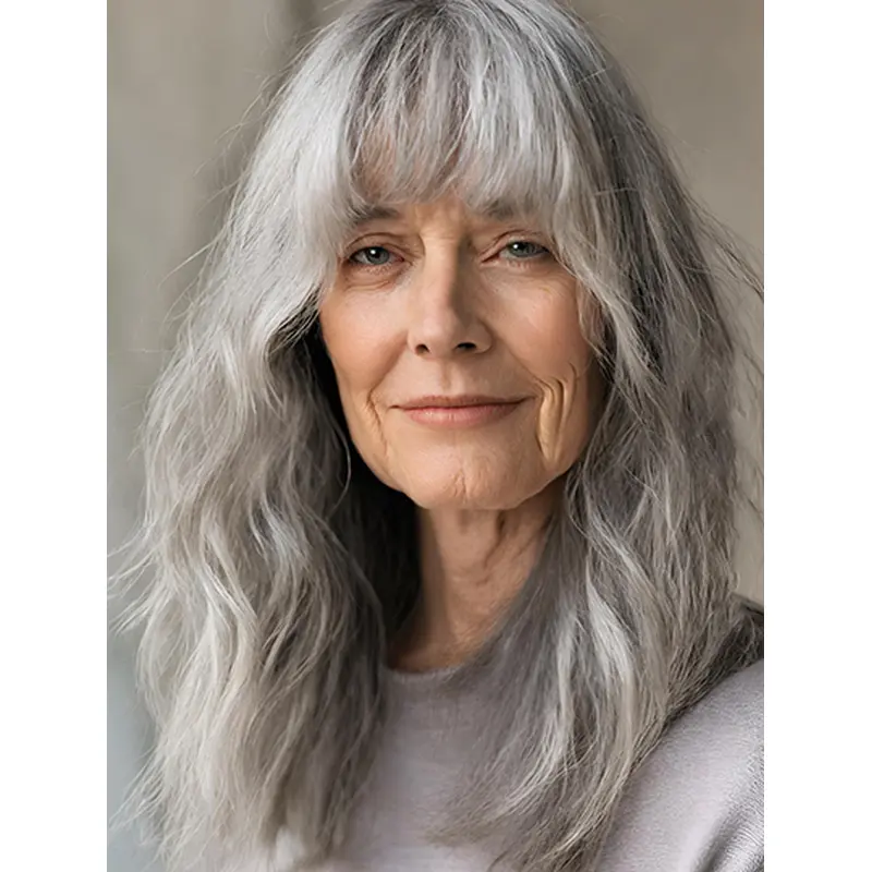 Wavy With Bangs 16" Grey Wigs Long