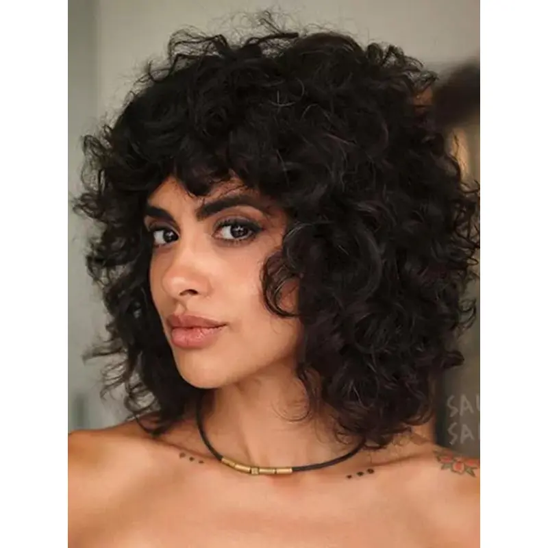 14" Curly With Bangs Remy Human Hair Medium Wigs With Bangs