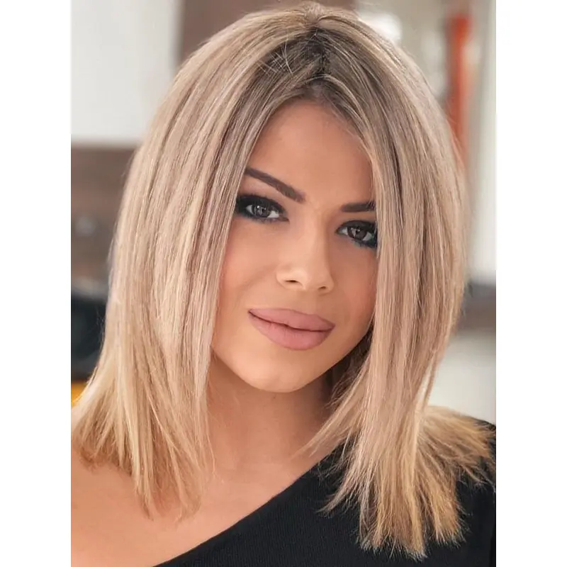 Wig Lace Without Bangs 12" Shoulder Length Platinum Blonde Straight Synthetic Wigs