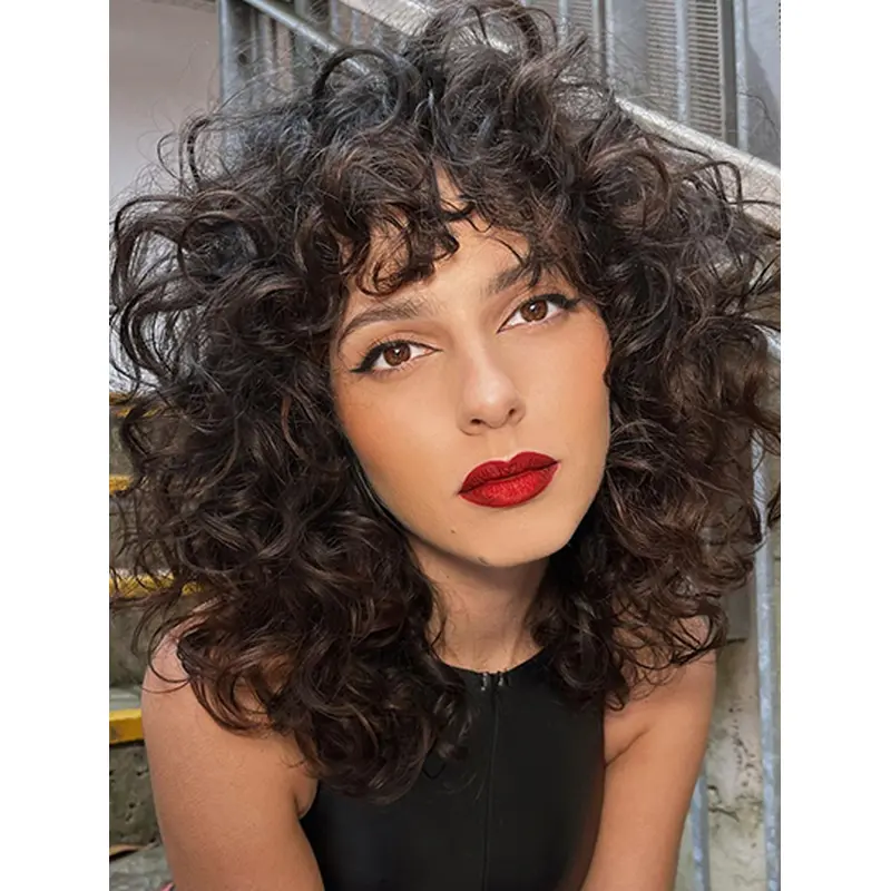 14" Curly With Bangs Synthetic Ladies Medium Length Wigs