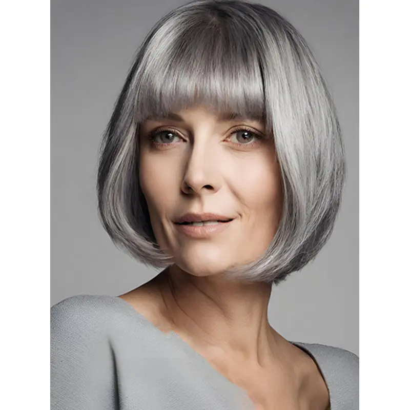 Bobs 10" Straight Chin Length Grey Wigs For Ladies Human Hair