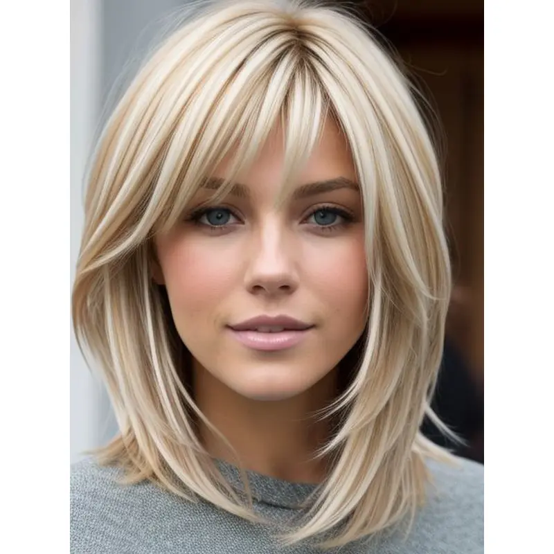 Real Look Wigs Monofilament Platinum Blonde With Bangs 12" Shoulder Length Wigs