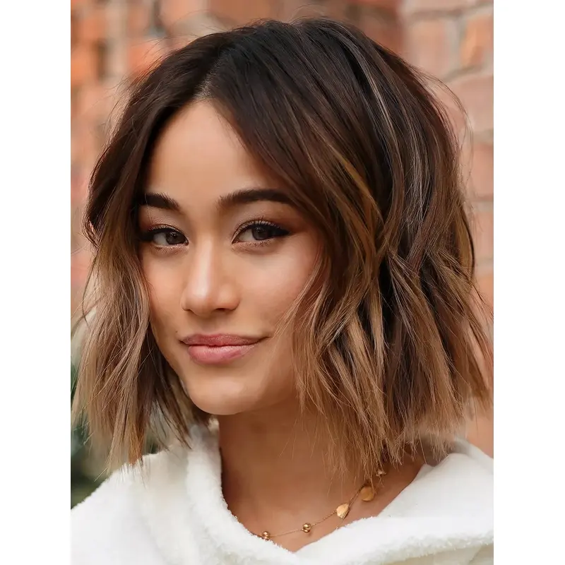Women Wig Medium Chin Length Lace Front 10" Ombre/2 Tone Without Bangs Wigs
