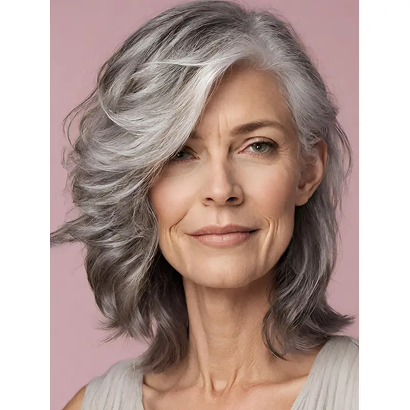 12" Grey Wavy Layered Monofilament Wig