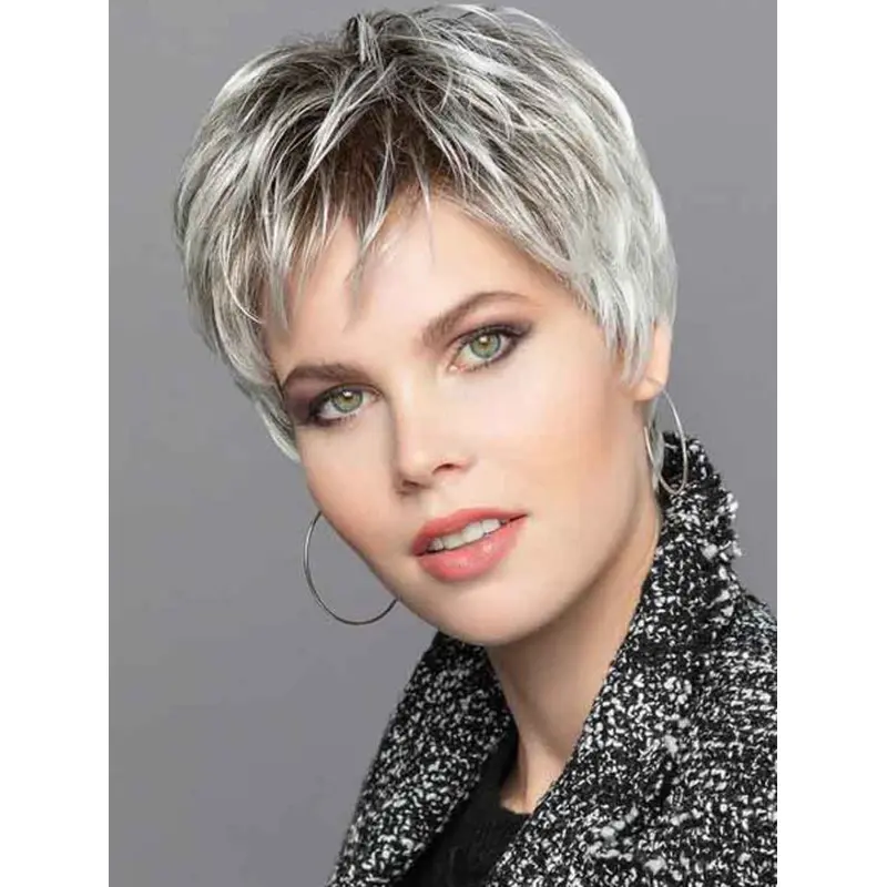 Ladies Mono Wigs Boycuts 6" Grey Straight Monofilament Wigs