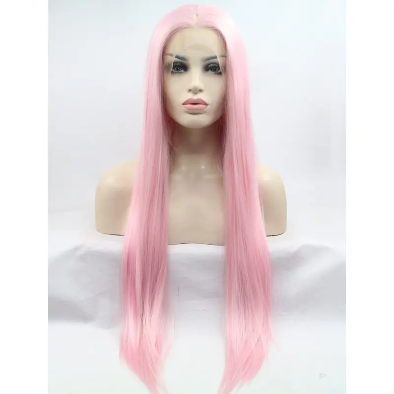 Without Bangs 30" Straight Pink Long Lace Front Synthetic Wigs