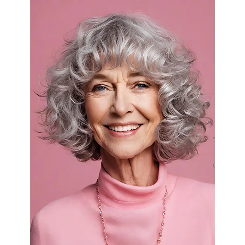 Bobs 10" Curly Chin Length Grey Human Hair Wigs Enabled