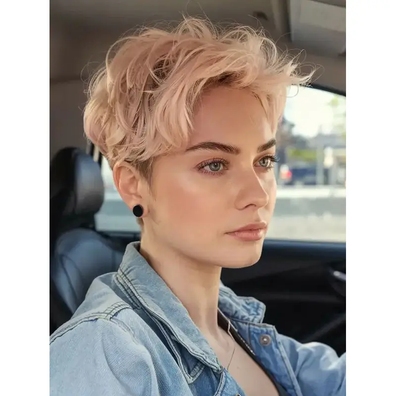 Short Wavy Wigs Remy Human Hair Boycuts Pink 6" Monofilament Wigs