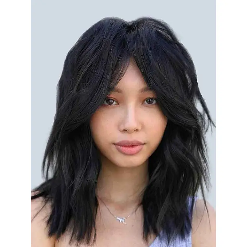 Ladies Wigs Real Hair Black Shoulder Length Straight 14" Layered Wigs