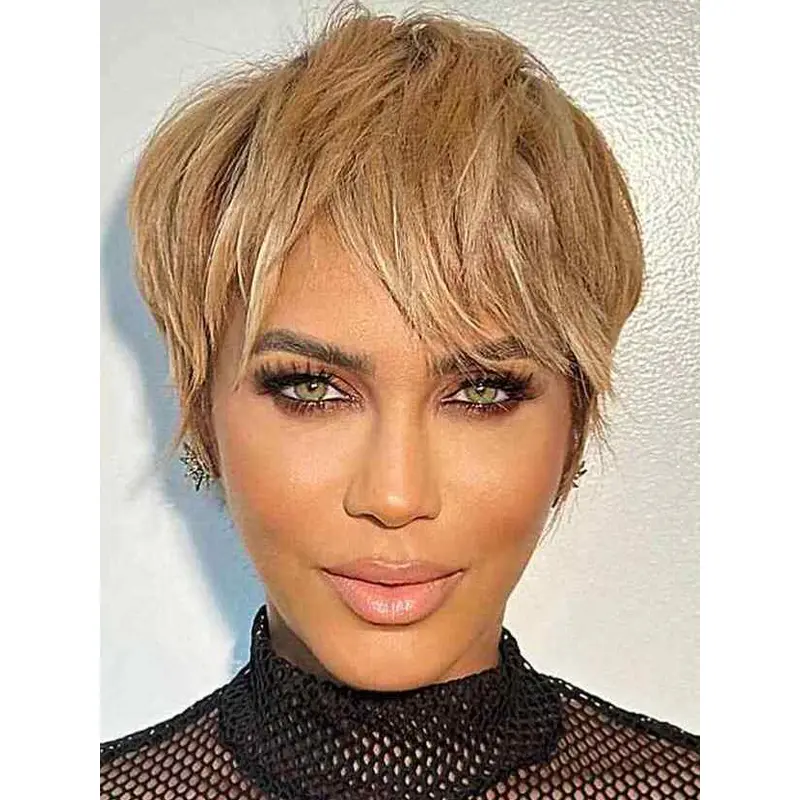 Monofilament Real Hair Wigs 8" Straight Blonde Boycuts Short Wigs