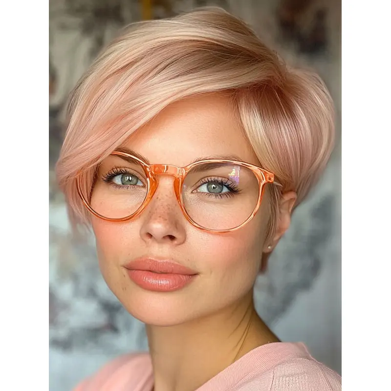 Real Hair Short Wigs Pink Straight Lace Front 6" Boycuts Wigs