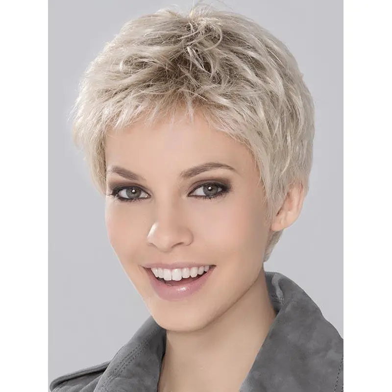 Synthetic Incredible Cropped Platinum Blonde Wavy Monofilament Wigs