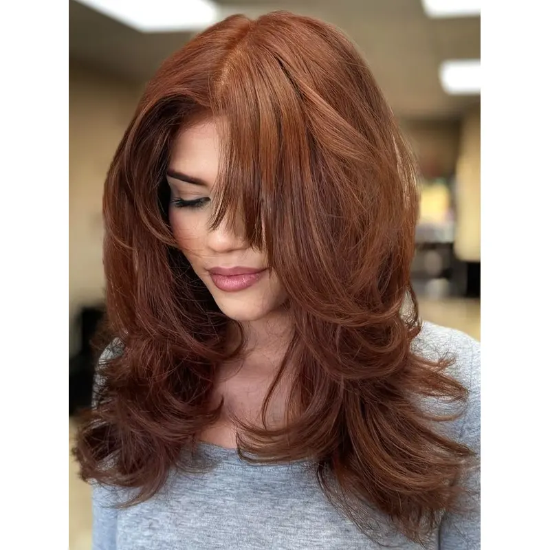 Human Hair Lace Front Wig Layered Wavy Copper 16" Long Wigs
