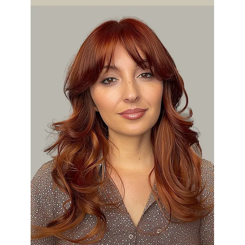 Human Hair Lace Front Wig With Bangs Wavy Copper 16" Long Wigs