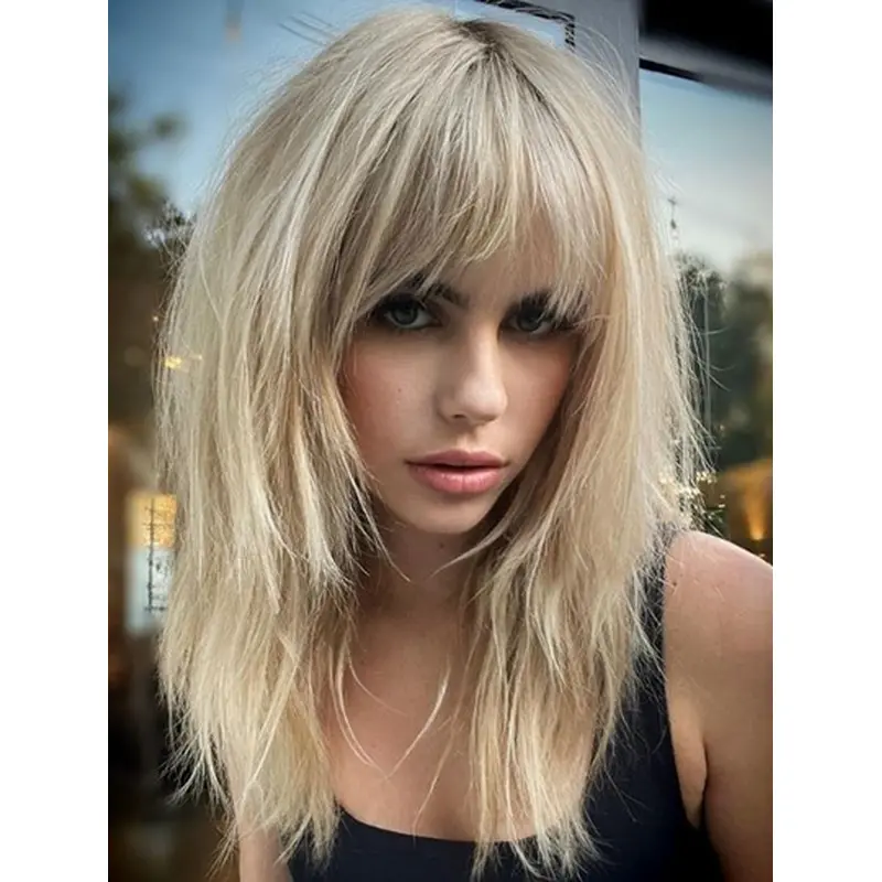 Monofilament Platinum Blonde With Bangs 16" Long Real Hair Wigs
