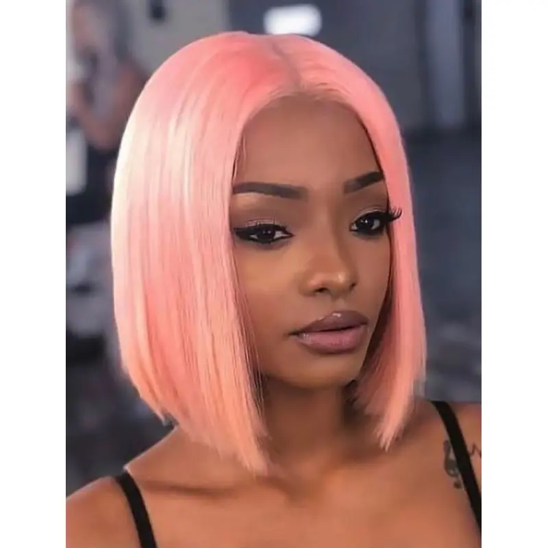 Human Hair Bob Wigs For African American Lace Front 12" Pink Wigs