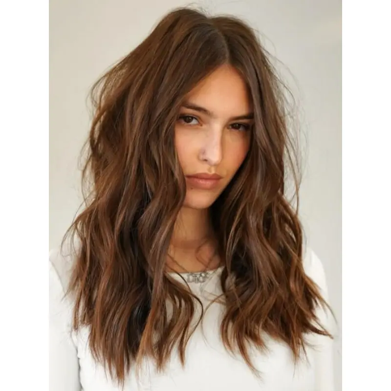 Long Human Hair Wigs Brown Wavy Without Bangs 16" Monofilament Wigs