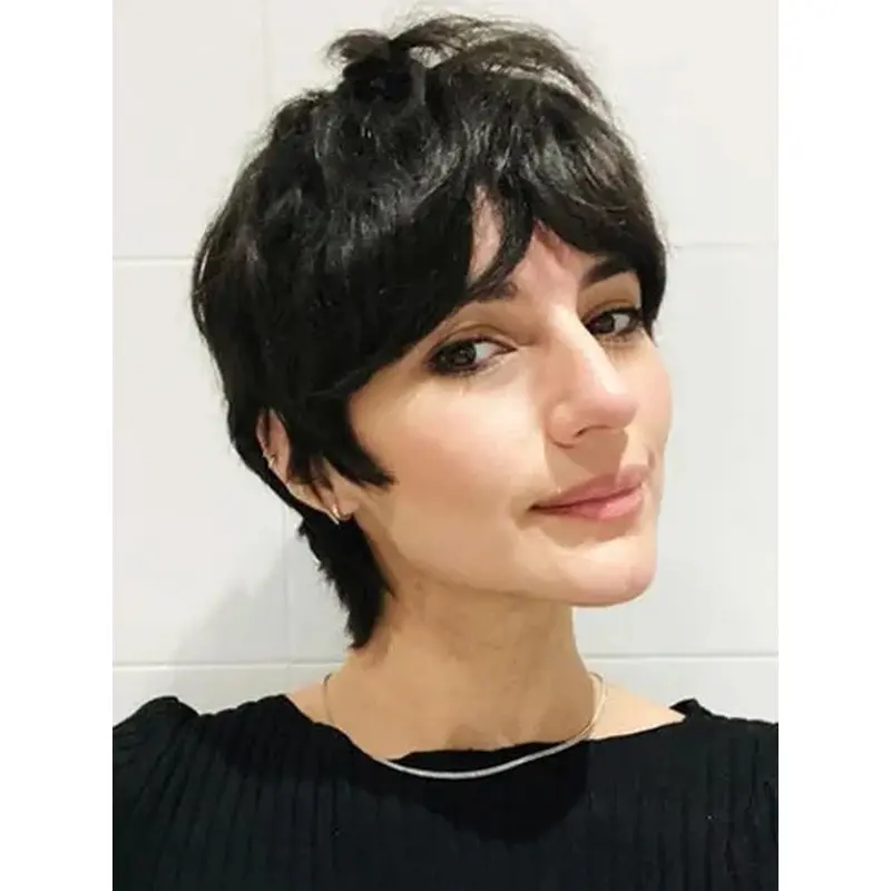 Natural Looking Short Wigs 8" Straight Lace Front Black Layered Wigs