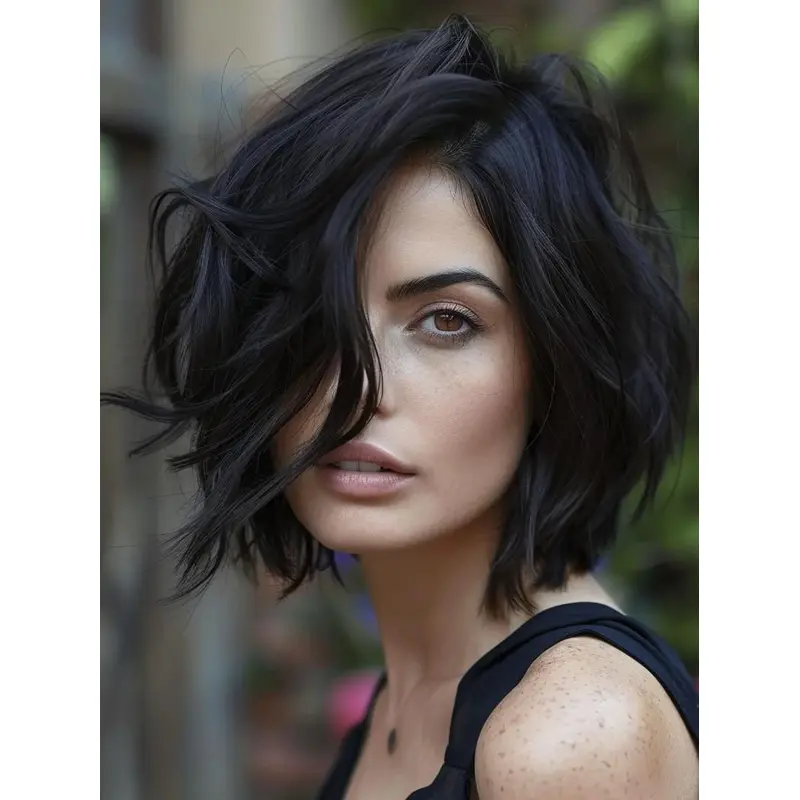 Real Hair Wigs Medium Monofilament Layered Black 10" Wavy Wigs