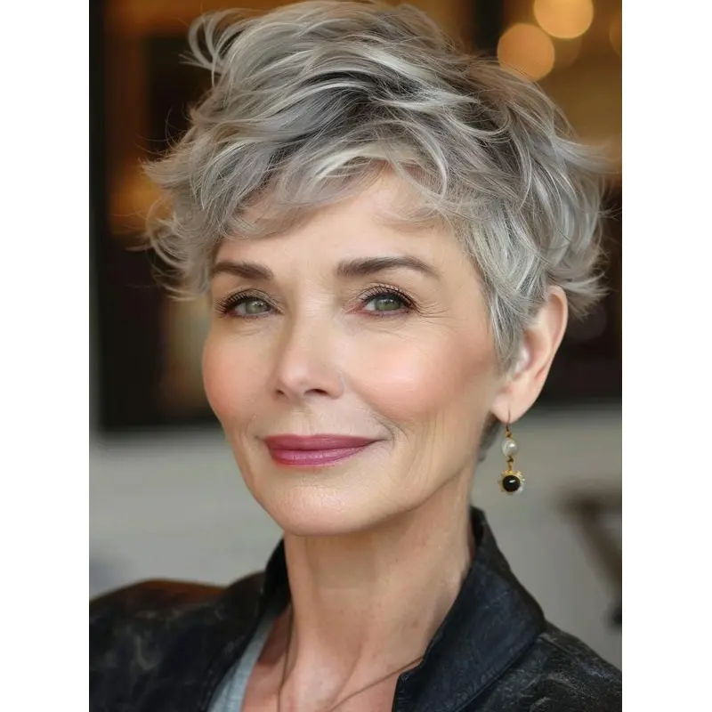 Silver Grey Human Hair Wigs 6" Short Monofilament Wavy Boycuts Wigs