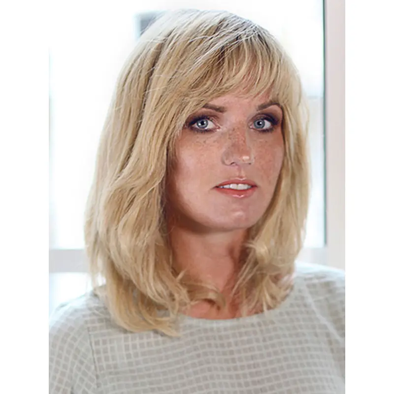 Wavy Shoulder Length 100% Hand-tied Platinum Blonde With Bangs Human Hair Wigs