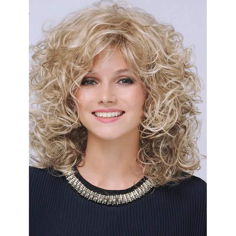 14" With Bangs Curly Monofilament Platinum Blonde Womens Medium Wigs