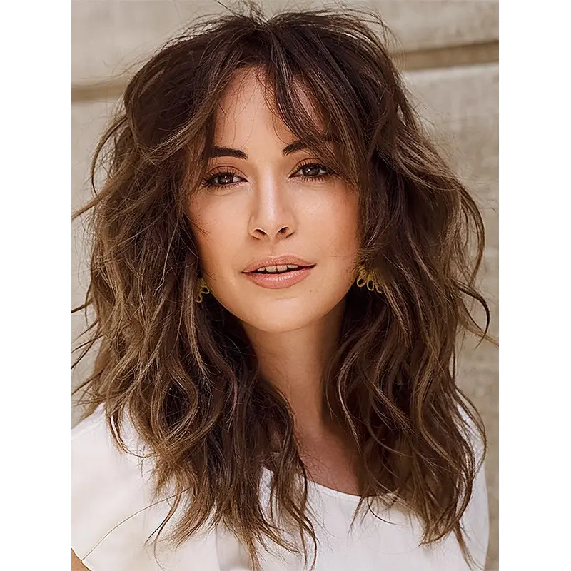 Lace Wigs With Bangs Synthetic Auburn 14" Shoulder Length Wavy Wigs