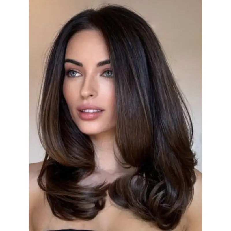 Long Black Wig 16" Lace Front Synthetic Layered Wavy Wigs