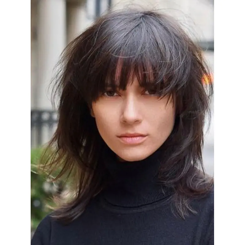 Real Hair Wigs Medium Monofilament With Bangs Black 14" Straight Wigs