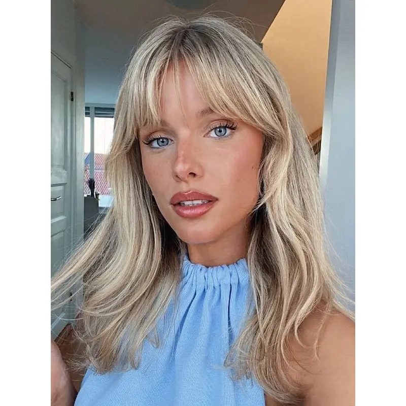 Human Hair Lace Front Wig With Bangs Straight Blonde 16" Long Wigs