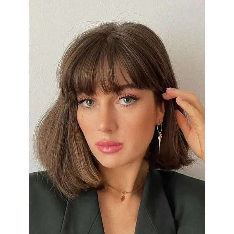 Lace Wigs With Bangs Remy Human Hair Brown 12" Shoulder Length Straight Wigs