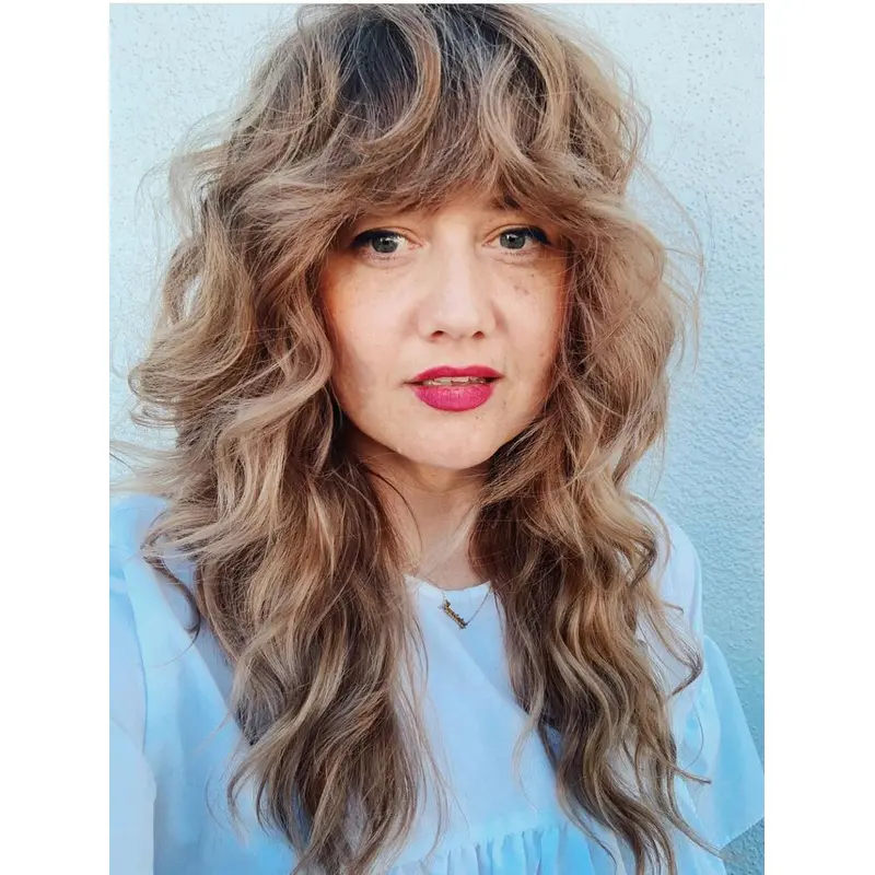 Long Human Hair Wigs Ombre/2 Tone Wavy With Bangs 18" Monofilament Wigs