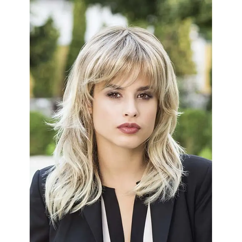 Platinum Blonde With Bangs Synthetic 14" Wavy Medium Length Wigs