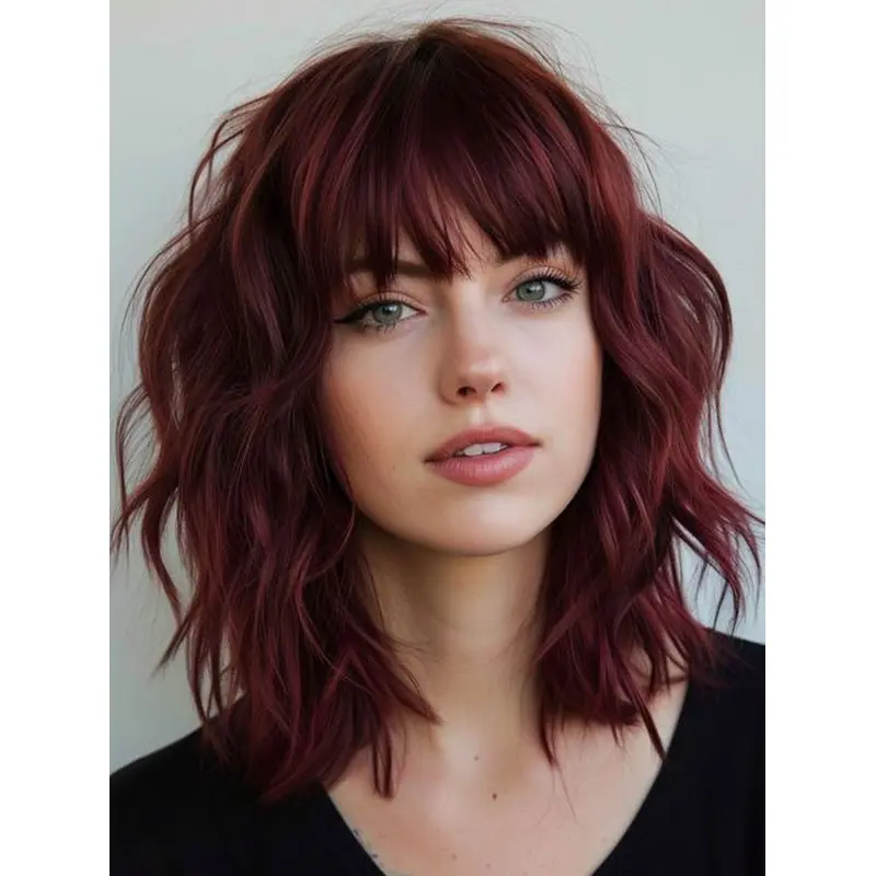 Human Hair Lace Front Wig With Bangs Wavy Ombre/2 Tone 12" Shoulder Length Wigs