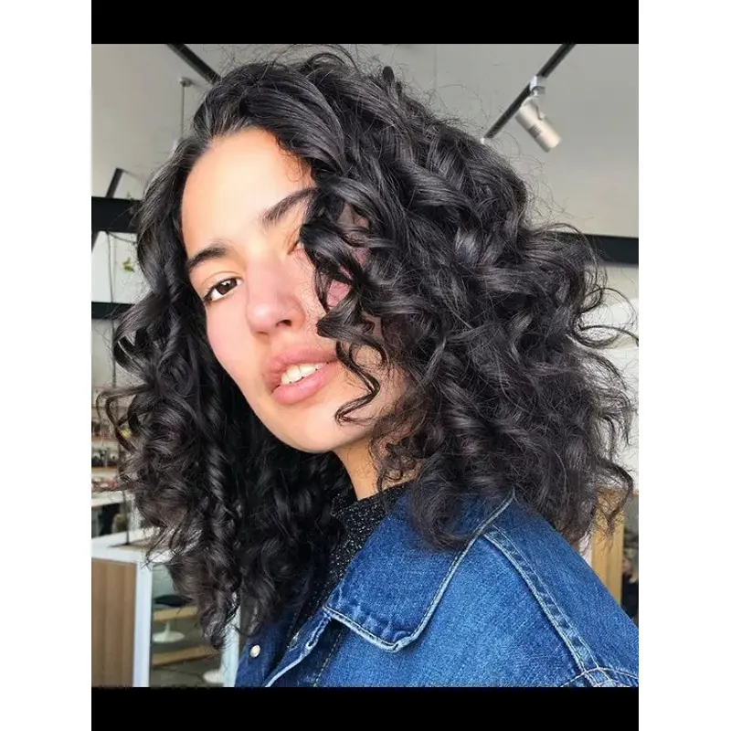 Medium Curly Wigs Remy Human Hair Black 12" Without Bangs Lace Front Wigs