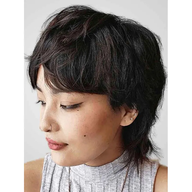 Mono Wig 12" Black Synthetic With Bangs Shoulder Length Straight Wigs