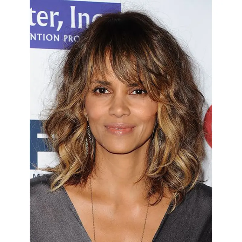 Wavy Ombre/2 Tone Capless Shoulder Length With Bangs Halle Berry Wigs