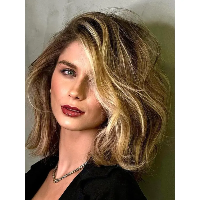 Womens Wigs Real Hair Wavy Shoulder Length 12" Without Bangs Blonde Wigs