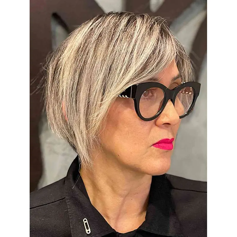 Grey Hair Wig 8" Synthetic Bobs Straight Short Monofilament